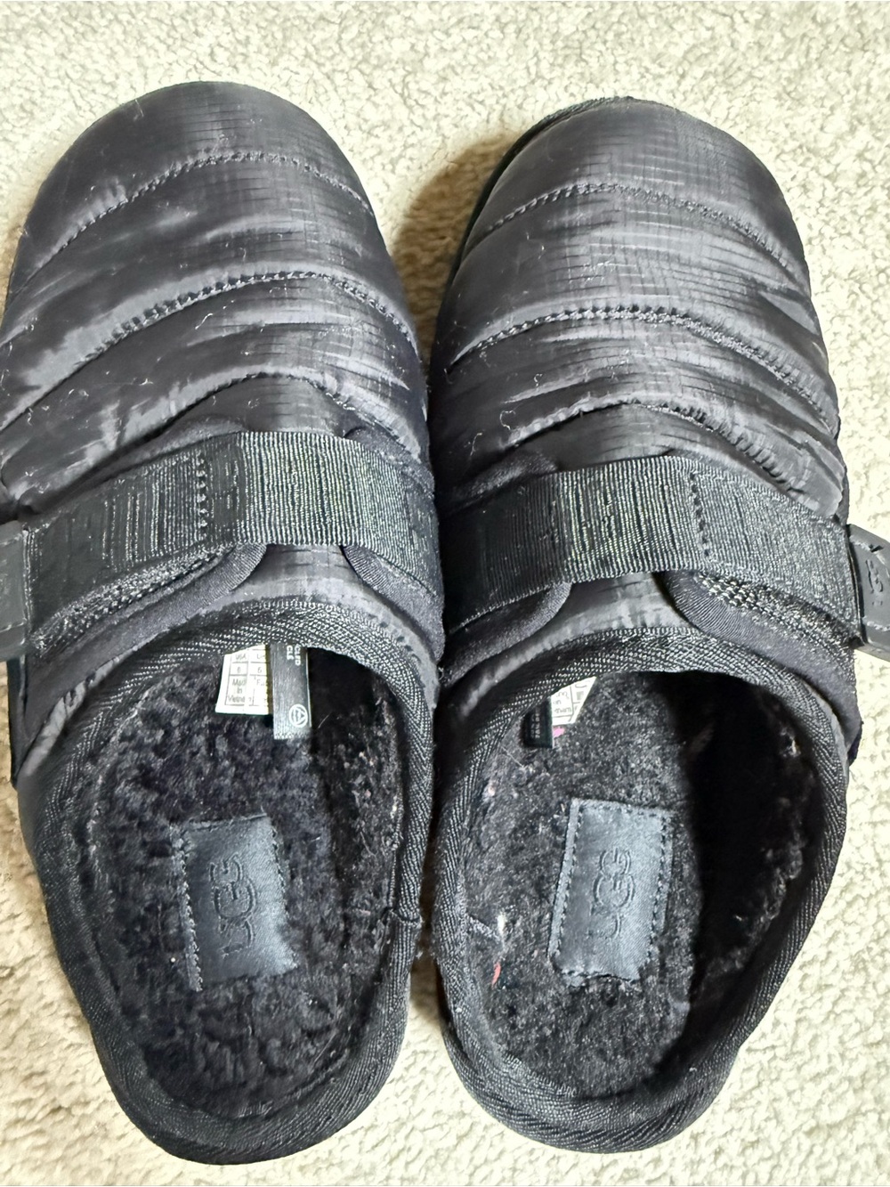 UGG Black Quilted Slip-On Slippers, size 6